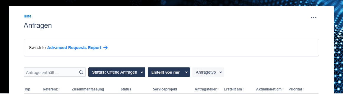 Anfragen Ansicht mit Button zur erweiterten Ansicht